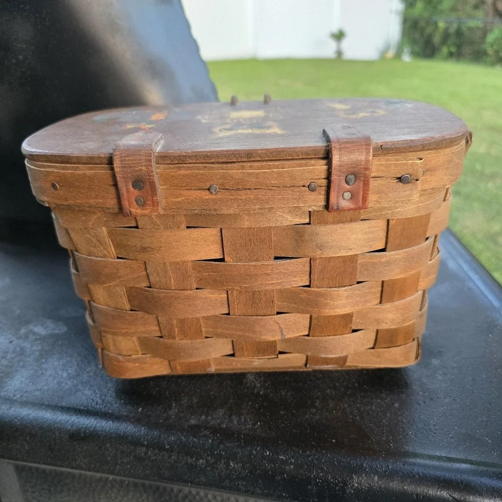 Vintage Hand Painted Owl Basket Wood Woven Lid‎ Signed 1979 Primitive Folk Art
